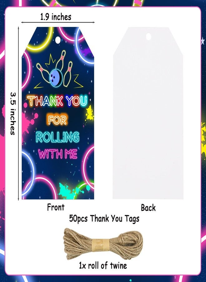 Serencatcher Bowling Thank You Tags, 50pcs Bowling Party Favors Neon Thank You for Rolling with Me Gift Tags with String for Bowling Themed Birthday Party Decorations - Image 2